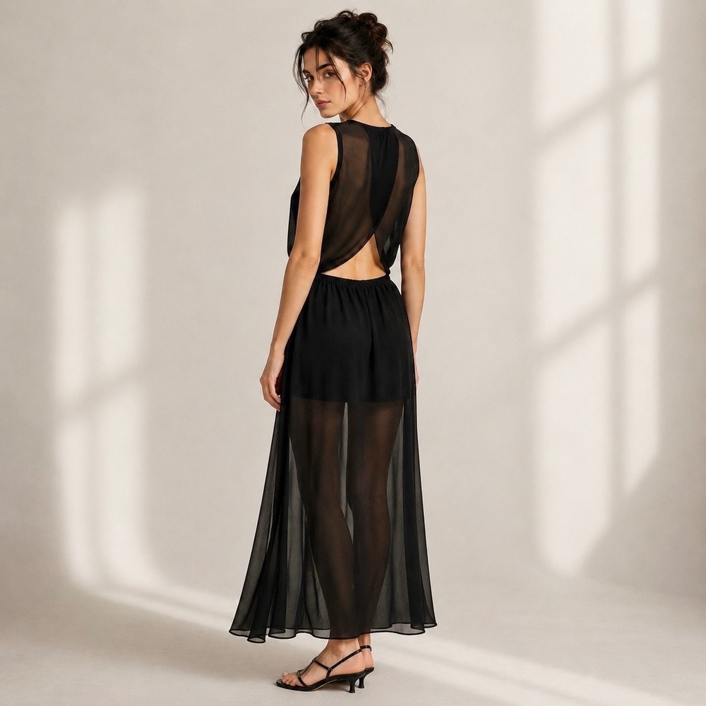 Vtg Y2K Maxi Dress Black Sheer Open Back Minimalist Soft Goth Dark Goddess USA M